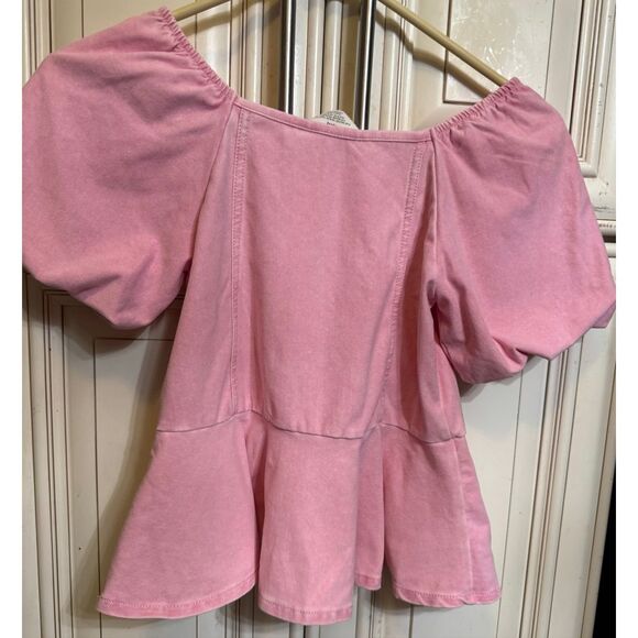 H&M Girls Denim Look Puff Sleeve Square Neck Peplum Blouse Light Pink Size 8-10 - Picture 1 of 7